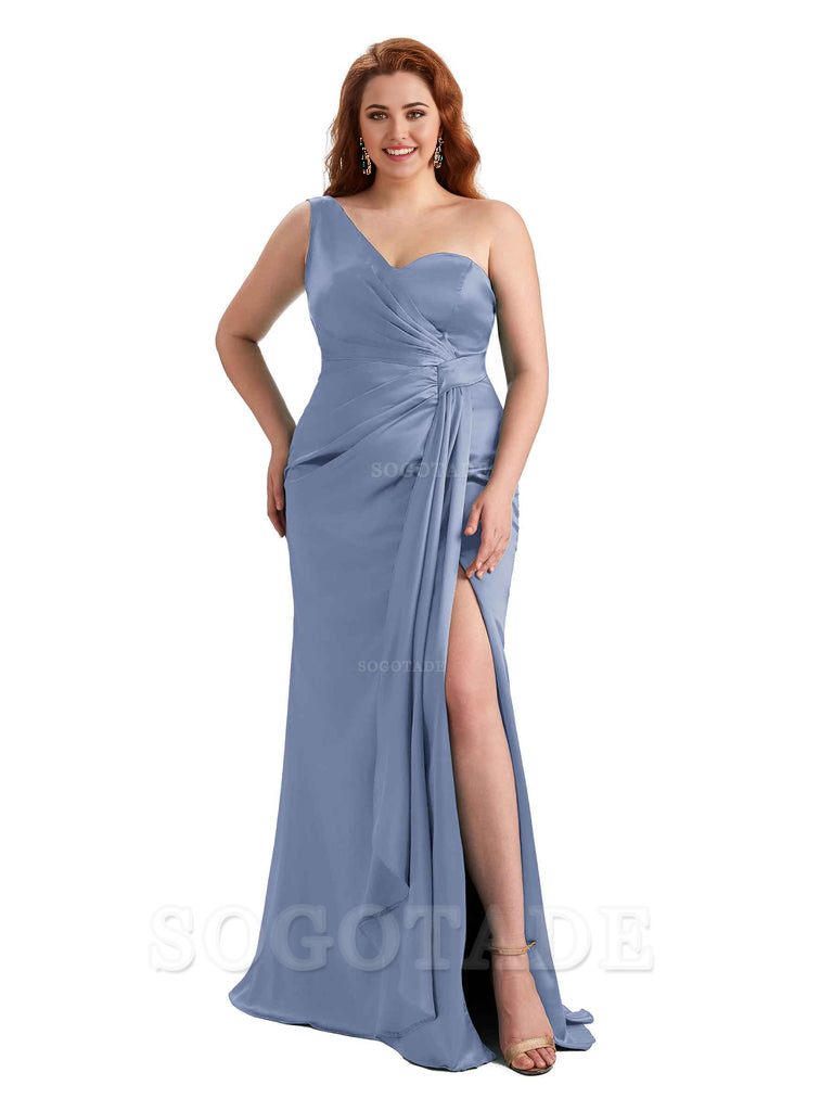  Sexy One Shoulder Side Hight Slit Mermaid Satin Floor Length Long Plus Size Bridesmaid Dress For Wedding