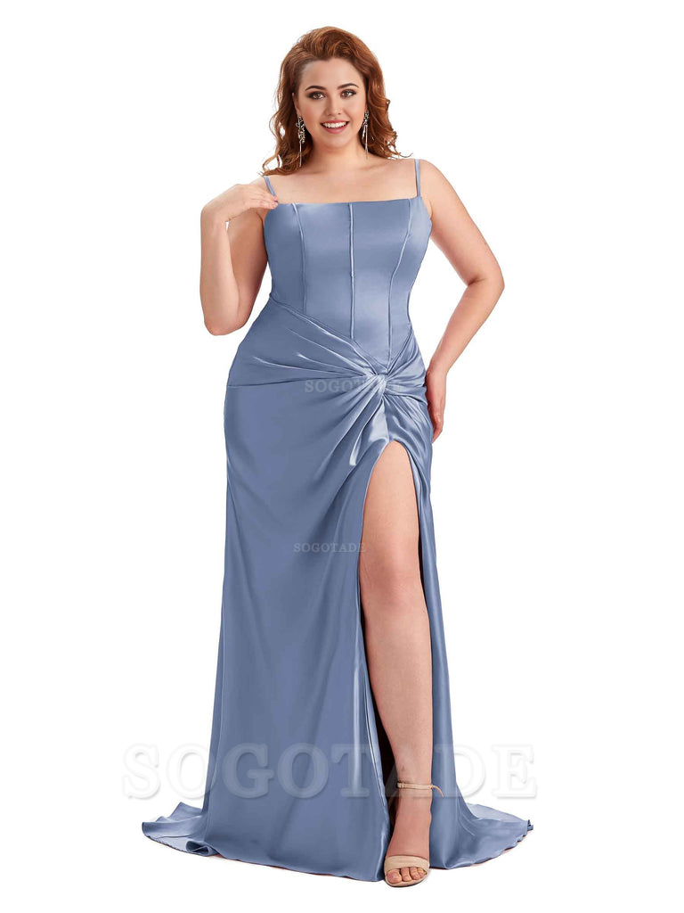 Sexy Spaghetti Straps Side Slit Mermaid Soft Satin Pleated Floor Length Long Plus Size Bridesmaid Dress