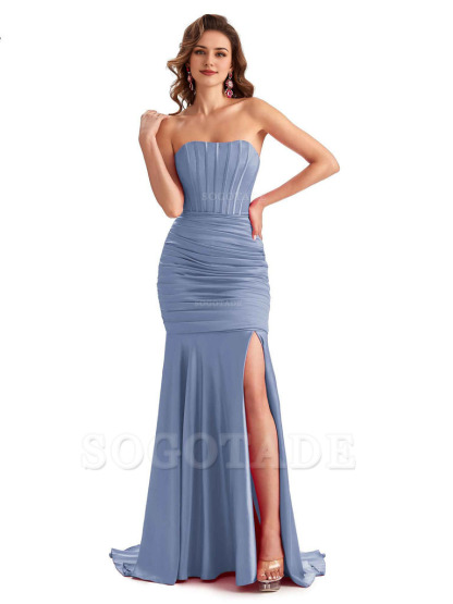 Sexy Strapless Side Slit Mermaid Silky Satin Formal Bridesmaid Dresses