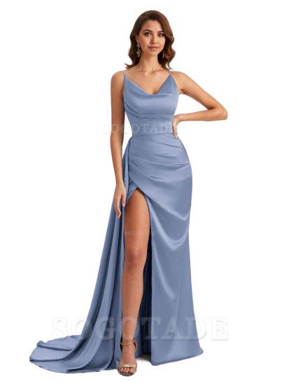 Mermaid Cowl Spaghetti Satin formal dresses evening gown Bridesmaid Dresses With Side Slit