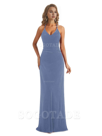 Elegant V-Neck Halter Backless Mermaid Velvet Long Wedding Party Dresses Bridesmaid Dresses Formal Women's Dresses Wedding Guests Dresses