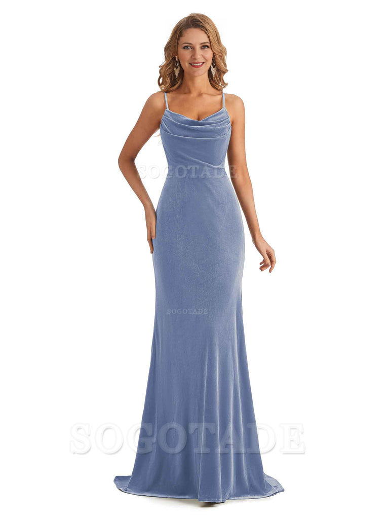 Elegant High Quality Mermaid Spaghetti Straps Cowl Velvet Side Slit Long Exquisite Bridesmaid Dresses Formal Women's Dresses Wedding Guests Dresses