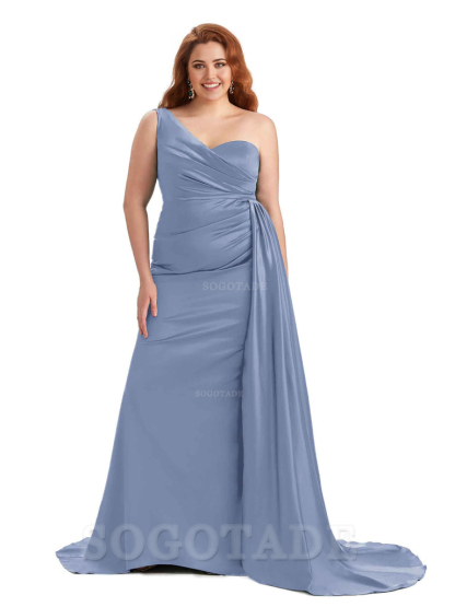 Sexy One Shoulder Sleeveless Mermaid Soft Satin Long Plus Size With Train Bridesmaid Gowns