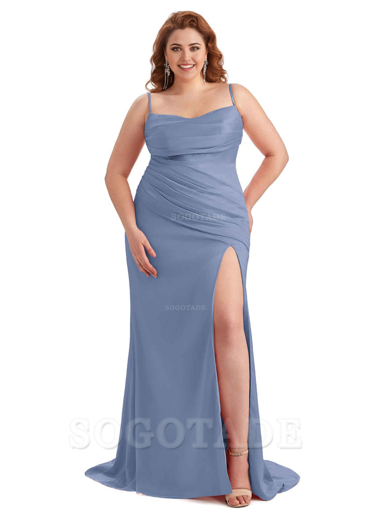 Sexy Side Slit Spaghetti Straps Mermaid Soft Satin Long Plus Size Bridesmaid Dress For Wedding