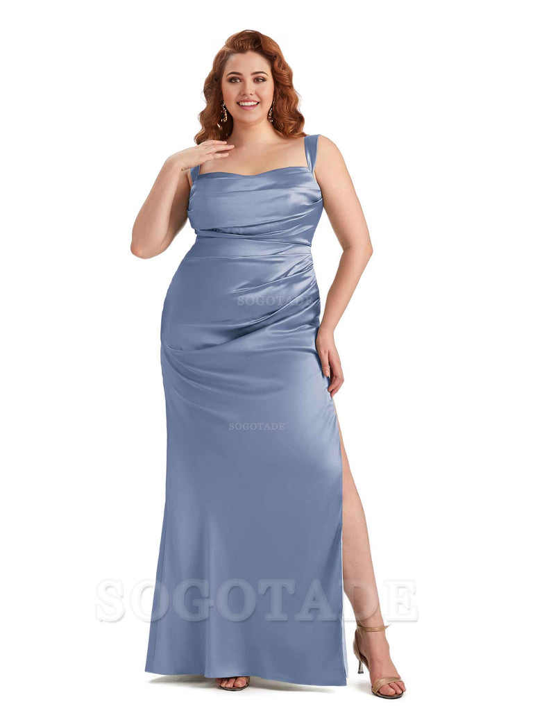 Sexy Side Slit Mermaid Wide Straps Soft Satin Long Plus Size Maid of Bridesmaid Dresses