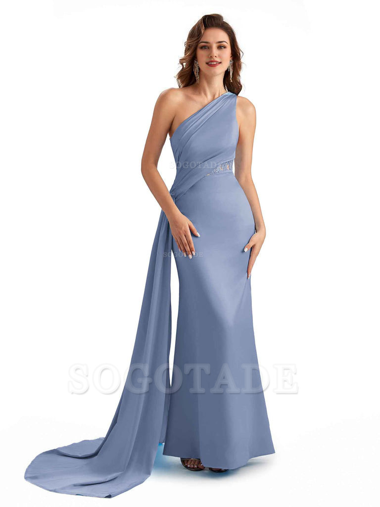 Sexy Mermaid Silky Satin One Shoulder Lace See Through Long Bridesmaid Dresses Online