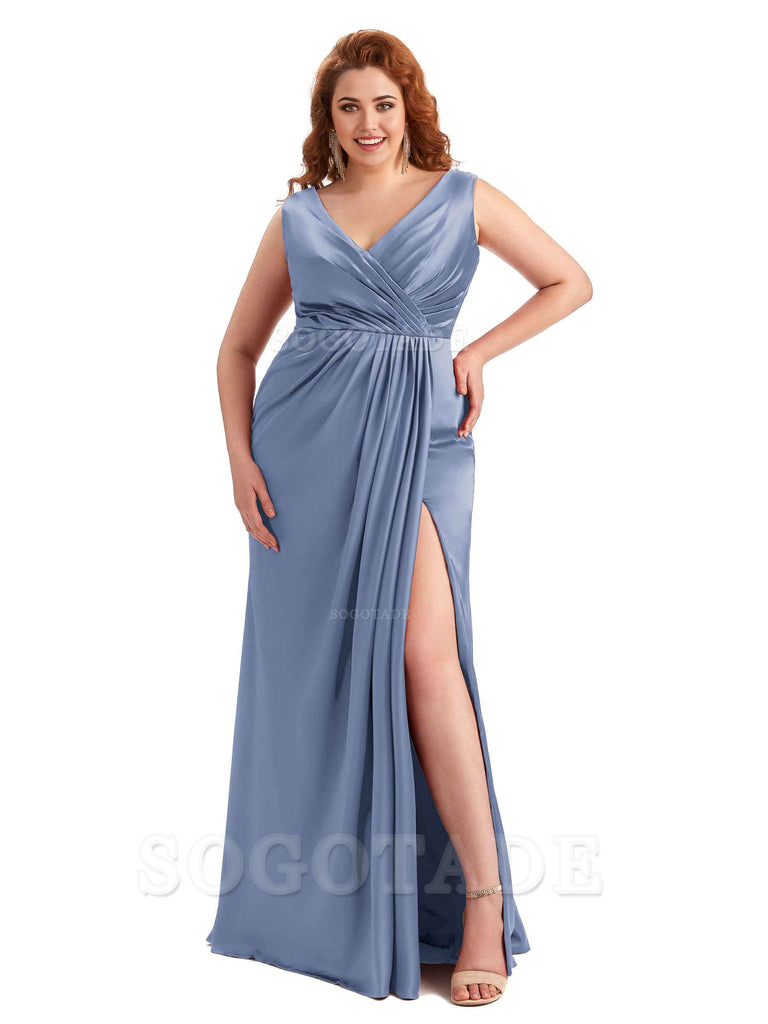 Mermaid V-Neck Satin formal dresses evening gown Bridesmaid Dresses With Side Slit 