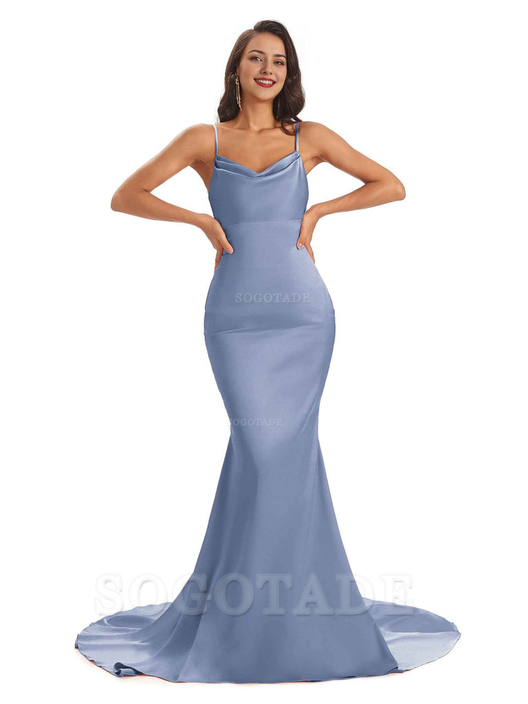 Sexy Backles Soft Satin Spaghetti Straps Maxi Mermaid Bridesmaid Dresses Online prom shop dresses