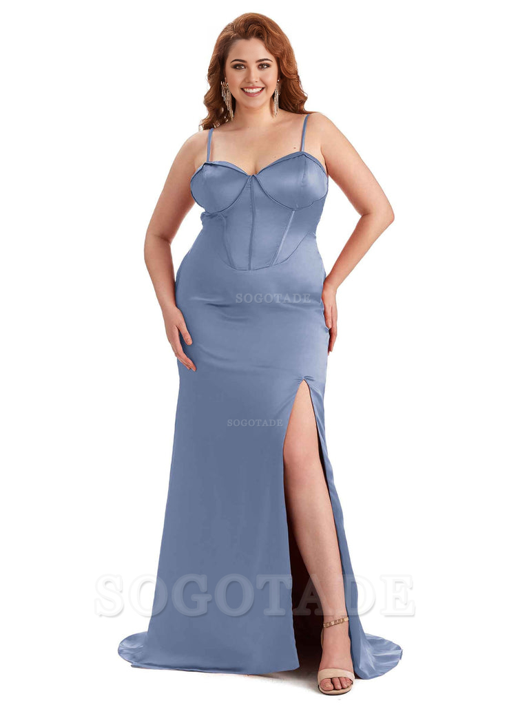 Sexy Spaghetti Straps Side Slit Sleeveless Mermaid Soft Satin Long Bridesmaid Dress Plus Size Dress To Wear to a Wedding