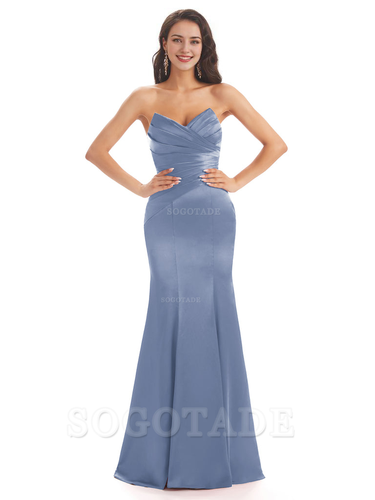 Simple Strapless Sweetheart Soft Satin Mermaid Long Bridesmaid Dresses prom shop dresses