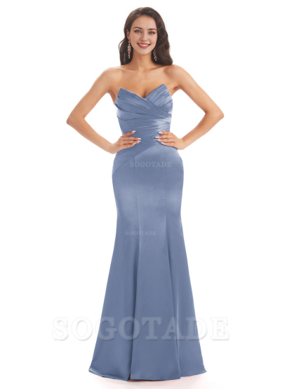 Simple Strapless Sweetheart Soft Satin Mermaid Long Bridesmaid Dresses prom shop dresses