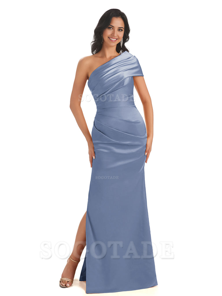 Mermaid One Shoulder Satin Long formal dresses evening gown Bridesmaid Dresses With Side Slit 