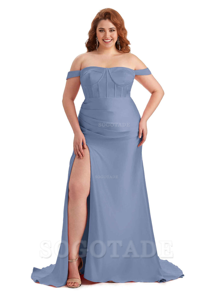 Elegant Off The Shoulder Side Slit Mermaid Soft Satin Floor Length Long Plus Size Bridesmaid Gowns