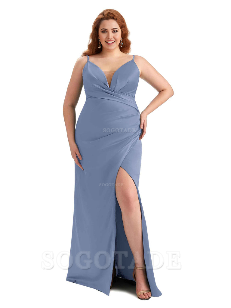 Sexy Side Slit Spaghetti Straps Sleeveless Mermaid V-neck Soft Satin Long Plus Size Bridesmaid Dress For Wedding