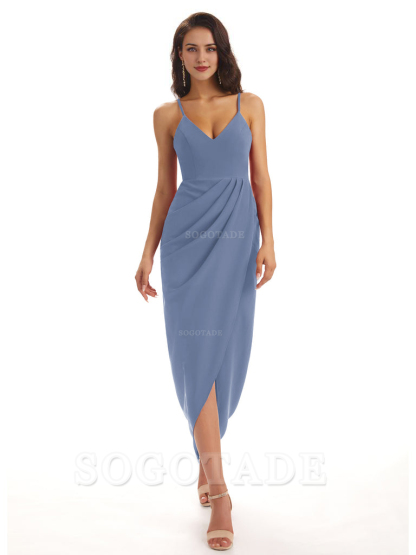 Simple Soft Satin Spaghetti Straps Mermaid Midi Bridesmaid Dresses prom shop dresses