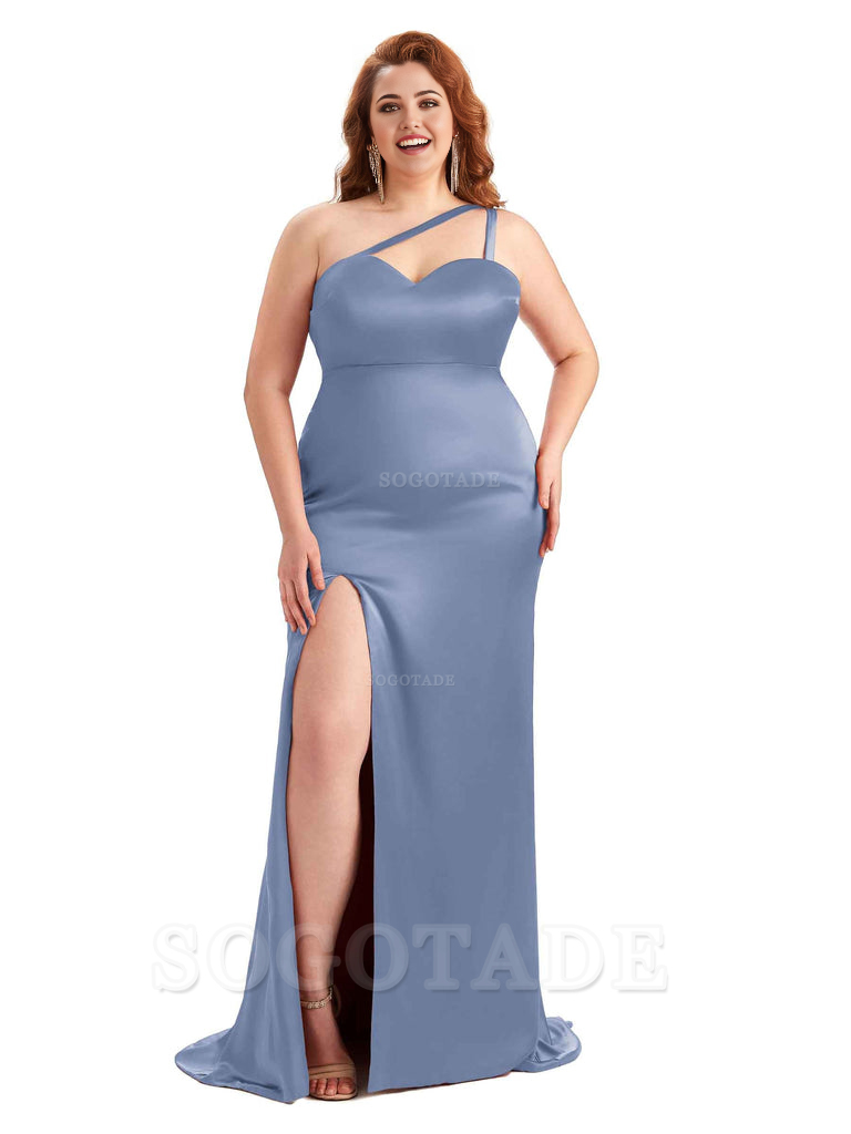 Sexy Side Slit Sleeveless Mermaid One Shoulder Soft Satin Long Plus Size Bridesmaid Dress For Wedding