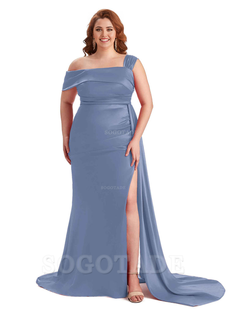 Sexy Side Hight Slit One Shoulder Mermaid Soft Satin Long Plus Size With Train Matron of Honor Dresses