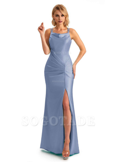 Soft Satin Spaghetti Straps Side Slit Long Unique Mermaid Beautiful Dresses For Wedding