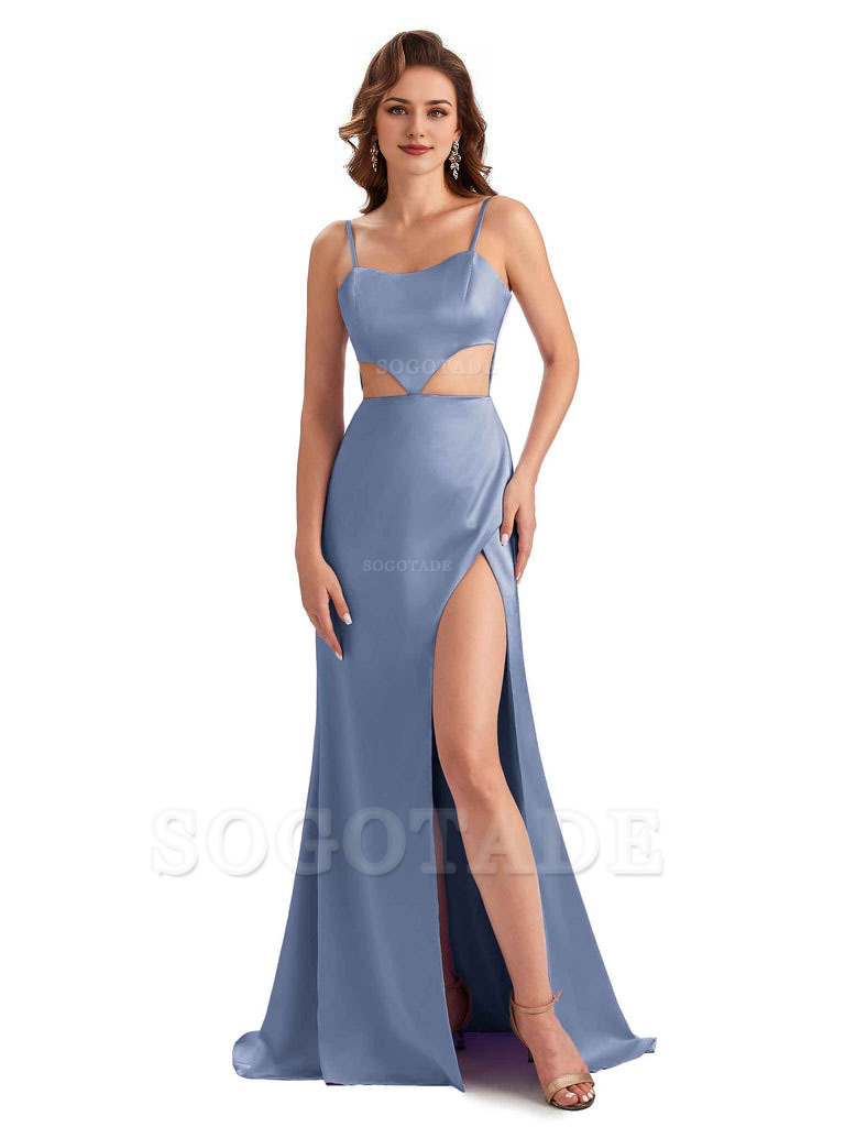 Sexy Satin Side Slit Spaghetti Straps Mermaid Long Unique Curve Wedding Guest Dresses