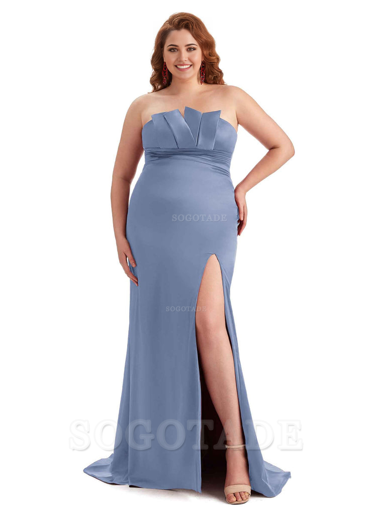 Sexy Side Slit Sleeveless Mermaid Soft Satin Long Plus Size Wedding Party Dresses For Wedding