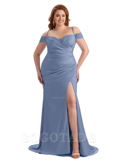 Sexy Side Slit Sleeveless Cold Shoulder Mermaid Soft Satin Long Plus Size Maid of Honor Dresses