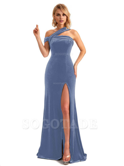 Sexy Mermaid Asymmetric Velvet Side Slit Long Bridesmaid Dresses