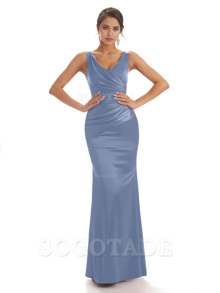 Sheath Sleeveless V-neck Floor-Length Satin formal dresses evening gown Bridesmaid Dresses With Pleats 