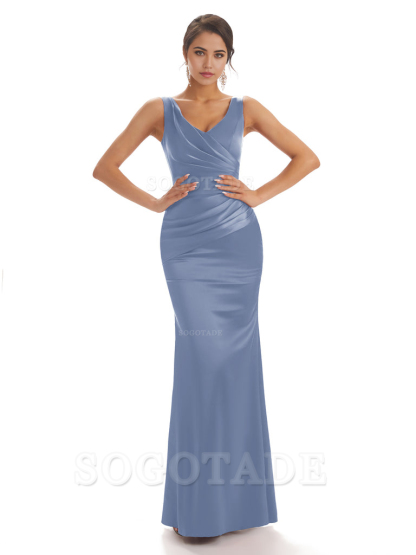 Sheath Sleeveless V-neck Floor-Length Satin formal dresses evening gown Bridesmaid Dresses With Pleats 
