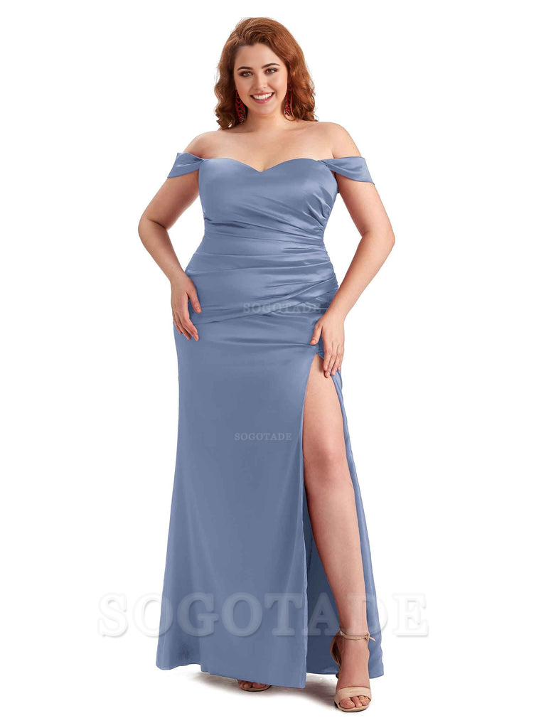 Sexy Off The Shoulder Sleeveless Side Slit Mermaid Soft Satin Long Plus Size Bridesmaid Dresses