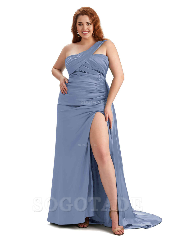  One Shoulder Sleeveless Sexy Side Hight Slit Mermaid Soft Satin Long Plus Size Bridesmaid Gowns