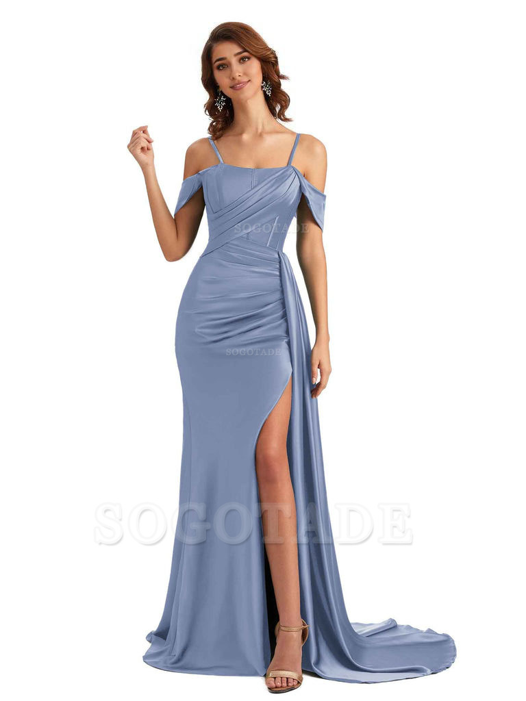 Sexy Side Slit Cold Shoulder Mermaid Satin Chic Long Wedding Guest Dresses