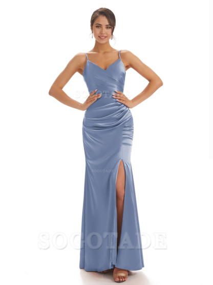 Spaghetti Straps Pleats Satin formal dresses evening gown Bridesmaid Dresses With Side Slit 