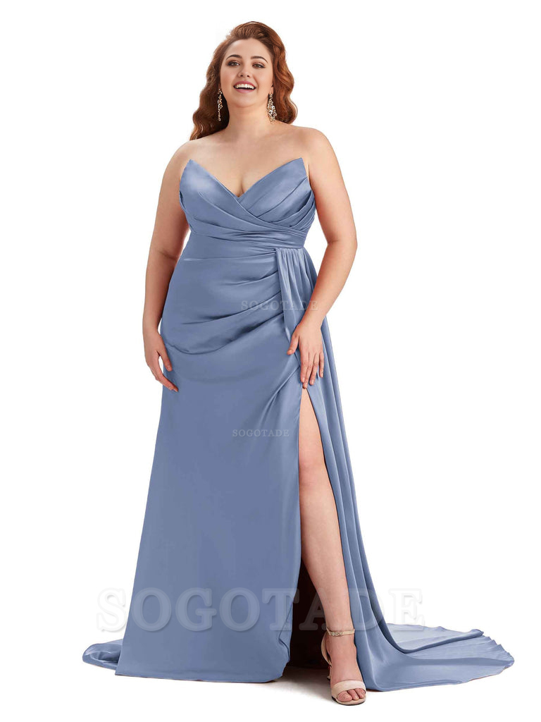 Sexy V-neck Side Slit Sleeveless Mermaid Soft Satin Long Plus Size Bridesmaid Gowns