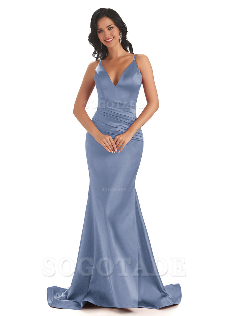 Mermaid Spaghetti V-Neck Straps Satin Long formal dresses evening gown Bridesmaid Dresses With Side Slit 