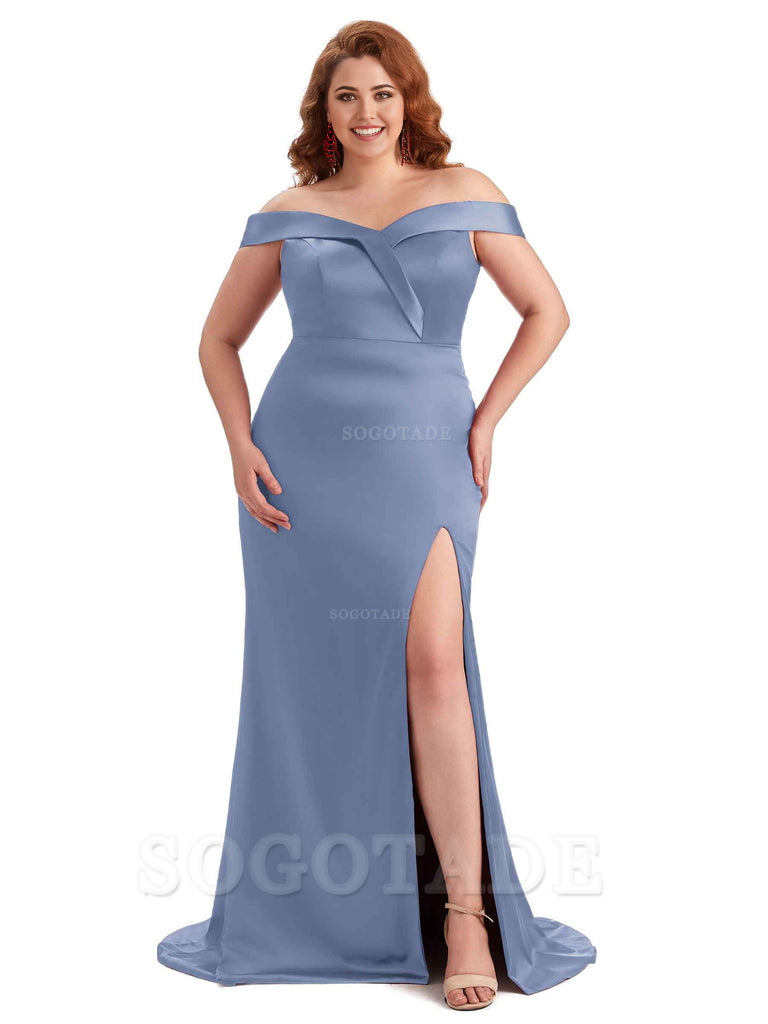 Elegant Off The Shoulder Sleeveless Side Slit Mermaid Soft Satin Long Plus Size Bridesmaid Gowns