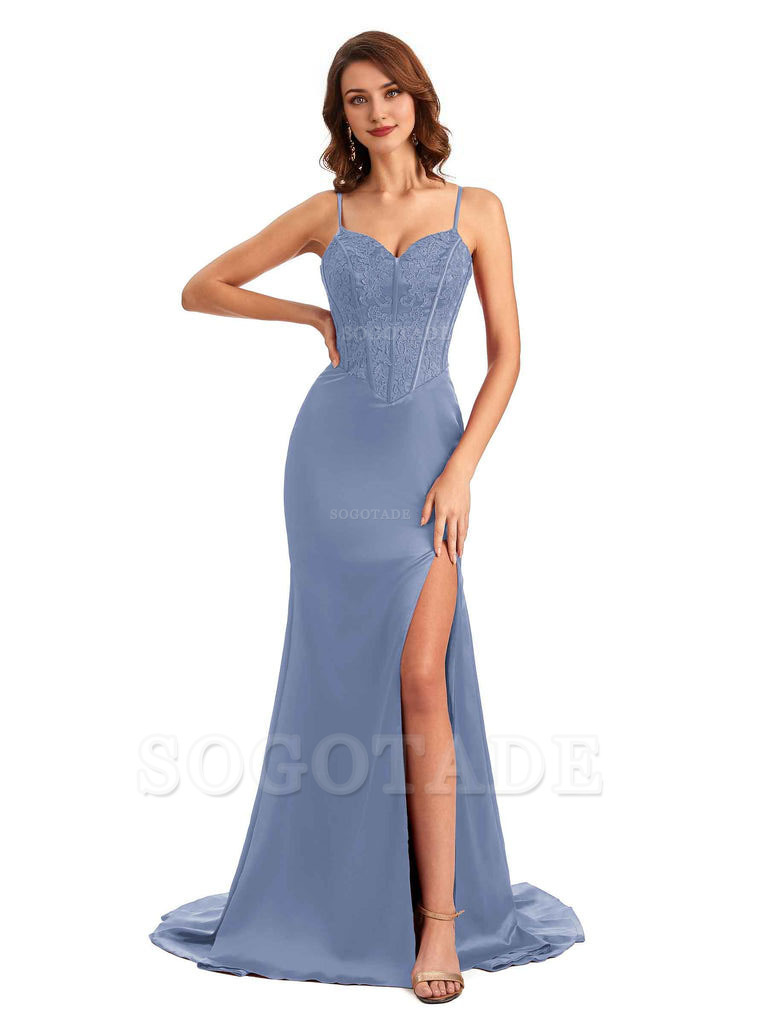Sexy Side Slit Mermaid Silky Satin V-Neck Lace Unique Long Bridesmaid Dresses
