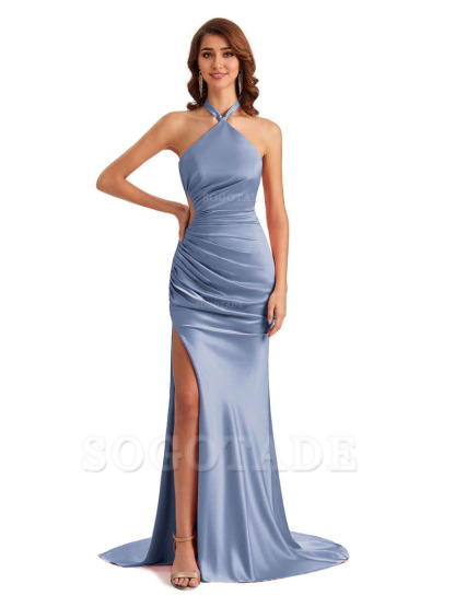 Sexy Halter Mermaid Silky Satin Unique Long Formal Wedding Guest Dresses
