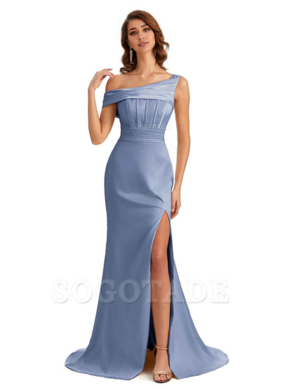 Elegant Asymmetrical Neck Soft Satin Side Slit Long Mermaid Bridesmaid Dresses