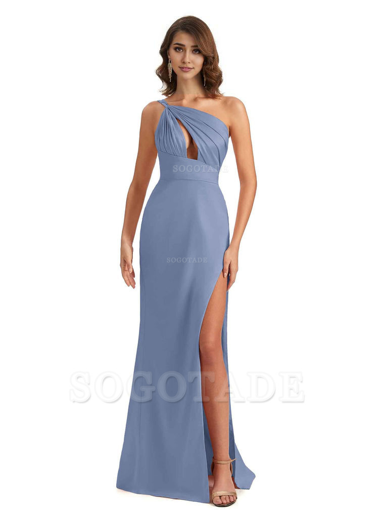 Sexy One Shoulder Silky Satin Unique Long Ladies Bridesmaid Dress For Wedding