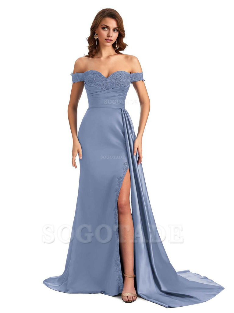 Sexy Off The Shoulder Mermaid Side Slit Silky Satin Long Bridesmaid Dress For Wedding