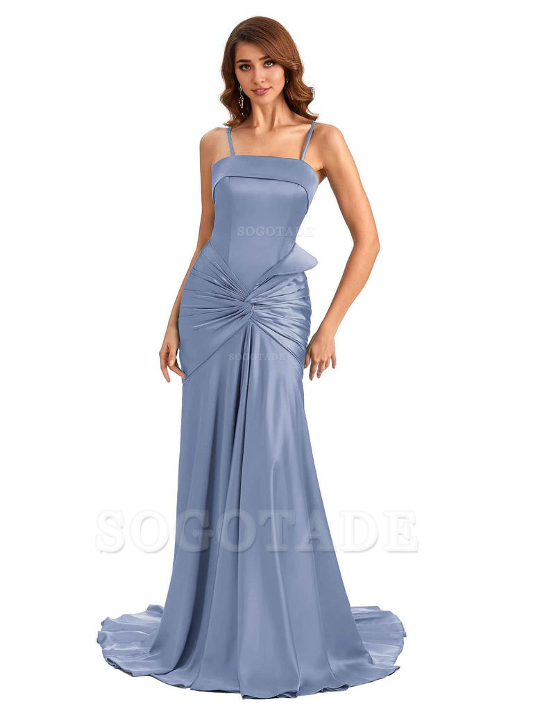 Sexy Mermaid Spaghetti Straps Silky Satin Unique Long Bridesmaid Dress For Wedding