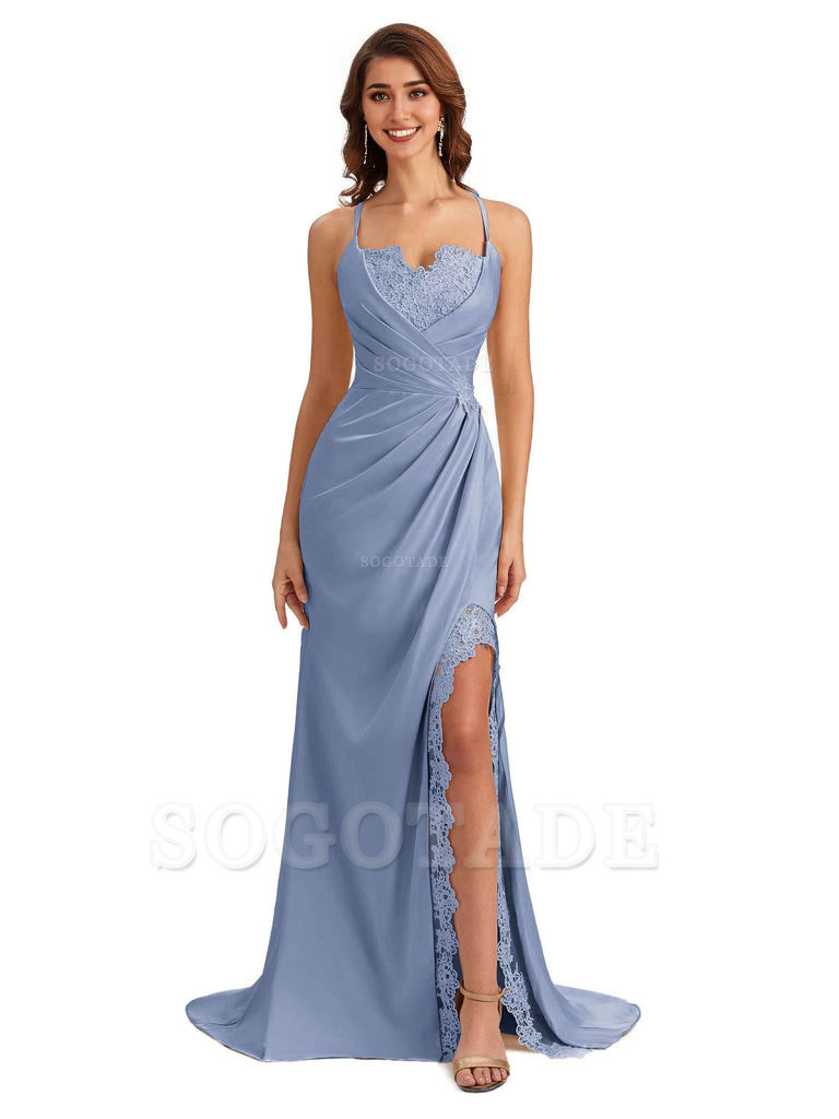 Sexy Side Slit Spaghetti Straps Lace Mermaid Silky Satin Wedding Guest Dresses