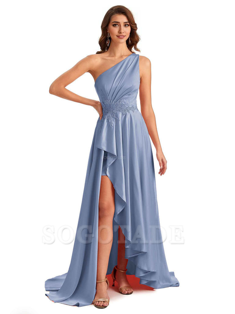 Sexy One Shoulder A-Line High Low Silky Satin Lace Long Formal Wedding Guest Dresses