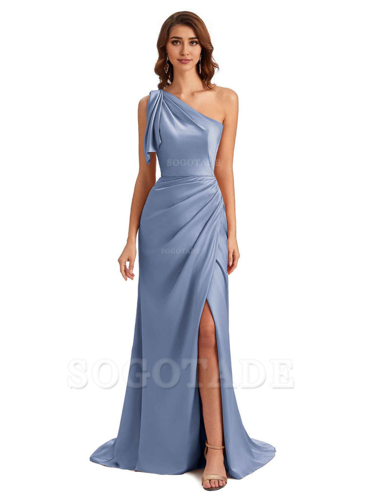 Sexy One Shoulder Mermaid Side Slit Unique Silky Satin Bridesmaid Dresses 