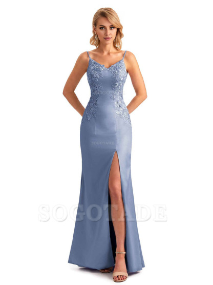 Sexy Side Split Mermaid Spaghetti Straps Soft Satin Unique Lace Long Bridesmaid Dresses