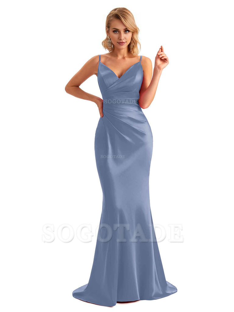  Sexy Backless Mermaid Spaghetti Straps Unique Long Formal Satin Dress For Women