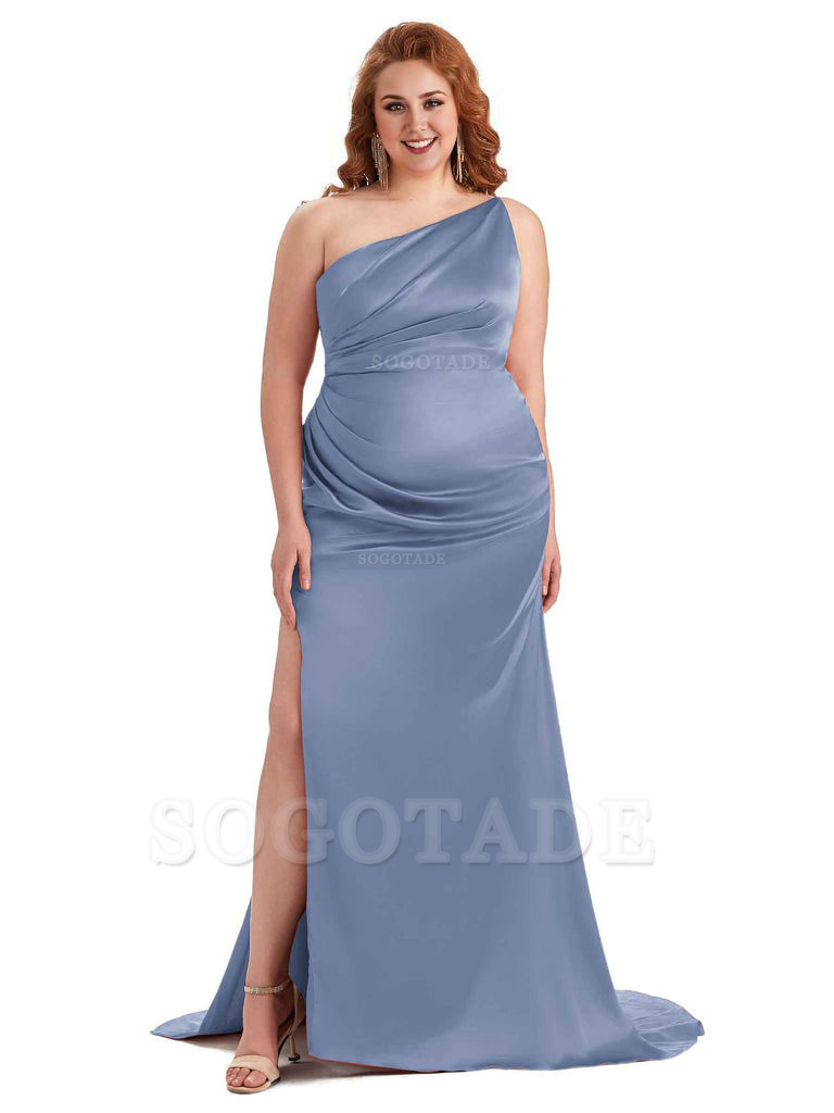 Sexy One Shoulder Side Slit Mermaid Soft Satin Long Plus Size Bridesmaid Dress For Wedding