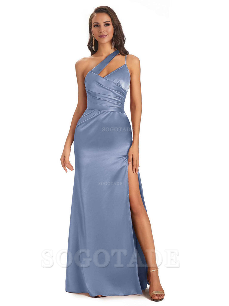 Elegant Soft Satin Side Slit One Shoulder Floor-Length Maxi Bridesmaid Dresses Evening Party Dress