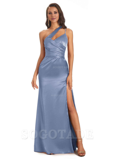 Elegant Soft Satin Side Slit One Shoulder Floor-Length Maxi Bridesmaid Dresses Evening Party Dress