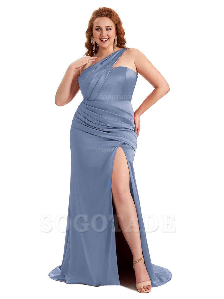 Sexy Side Slit One Shoulder Mermaid Soft Satin Long Plus Size Matron of Honor Dress For Wedding